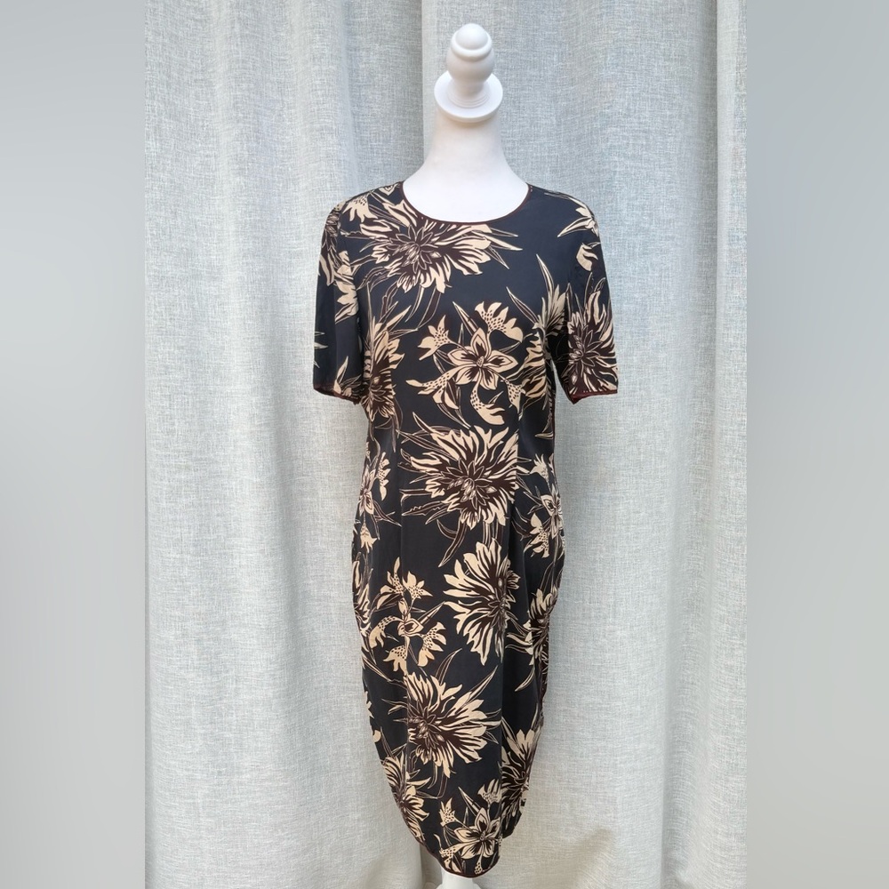 Armand Ventilo navy blue and brown floral knee length silk dress